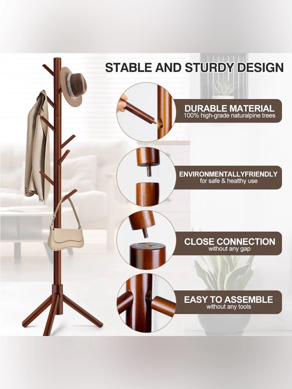 Brown Freestanding Coat Rack - 8-Hook Tree Design - New in box!